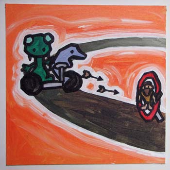 Dolphin And Tyrannosaurus In A Go Kart Around A Turn Shooting Arrows At A Target With A Cave Man