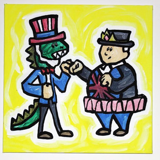 Dinosaur Uncle Sam Fighting Princess John Bull