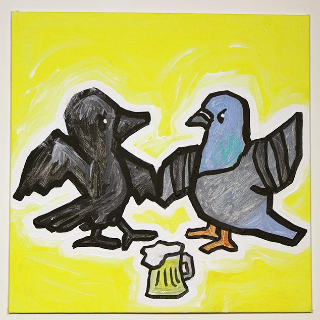 Crow Fighting Pigeon Over Beer