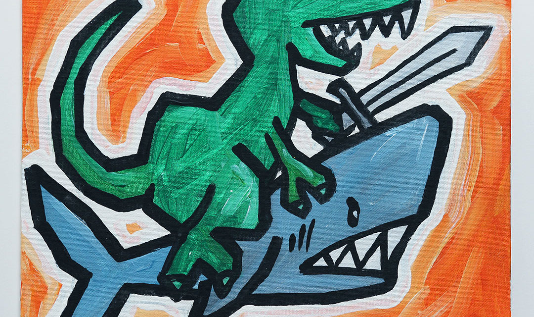 Tyrannosaurus Rex Holding a Sword Riding a Shark