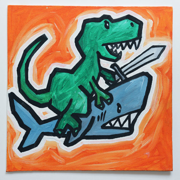 Tyrannosaurus Rex Holding a Sword Riding a Shark